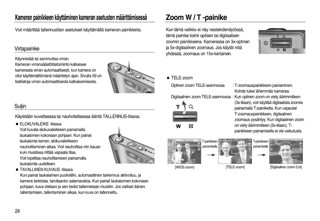 Samsung EC-L83ZZBDA/E3, EC-L83ZZSDA/E3, EC-L83ZZSBA/E2, EC-L83ZZRDA/E2 Zoom W / T -painike, Virtapainike, Suljin, TELE-zoom 