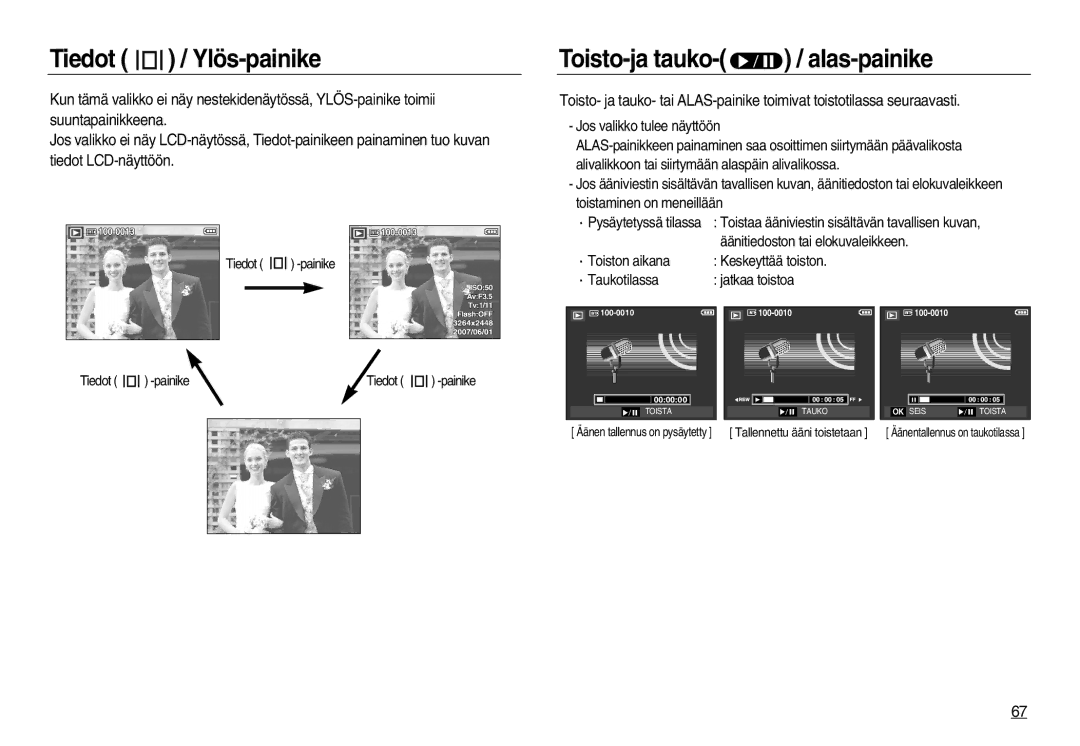 Samsung EC-L83ZZRDC/E2 Toisto-ja tauko- / alas-painike, Jos valikko tulee näyttöön, Äänitiedoston tai elokuvaleikkeen 