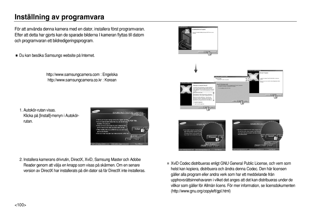 Samsung EC-L83ZZSBA/E2, EC-L83ZZSDA/E3, EC-L83ZZRDA/E2, EC-L83ZZSDA/E2, EC-L83ZZRBA/E2 manual Inställning av programvara, 100 