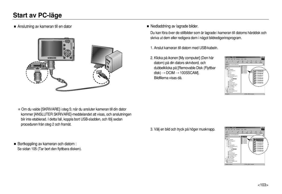 Samsung EC-L83ZZRBA/E2, EC-L83ZZSDA/E3 manual Anslutning av kameran till en dator, Bortkoppling av kameran och datorn 