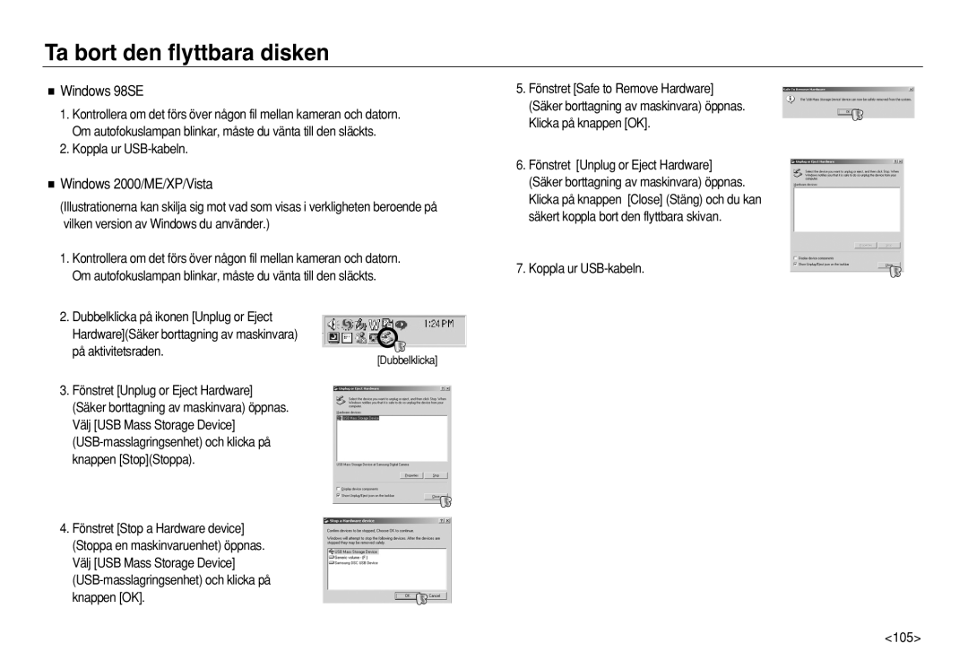 Samsung EC-L83ZZBDA/E2 Ta bort den flyttbara disken, Windows 98SE, Windows 2000/ME/XP/Vista, Koppla ur USB-kabeln, 105 