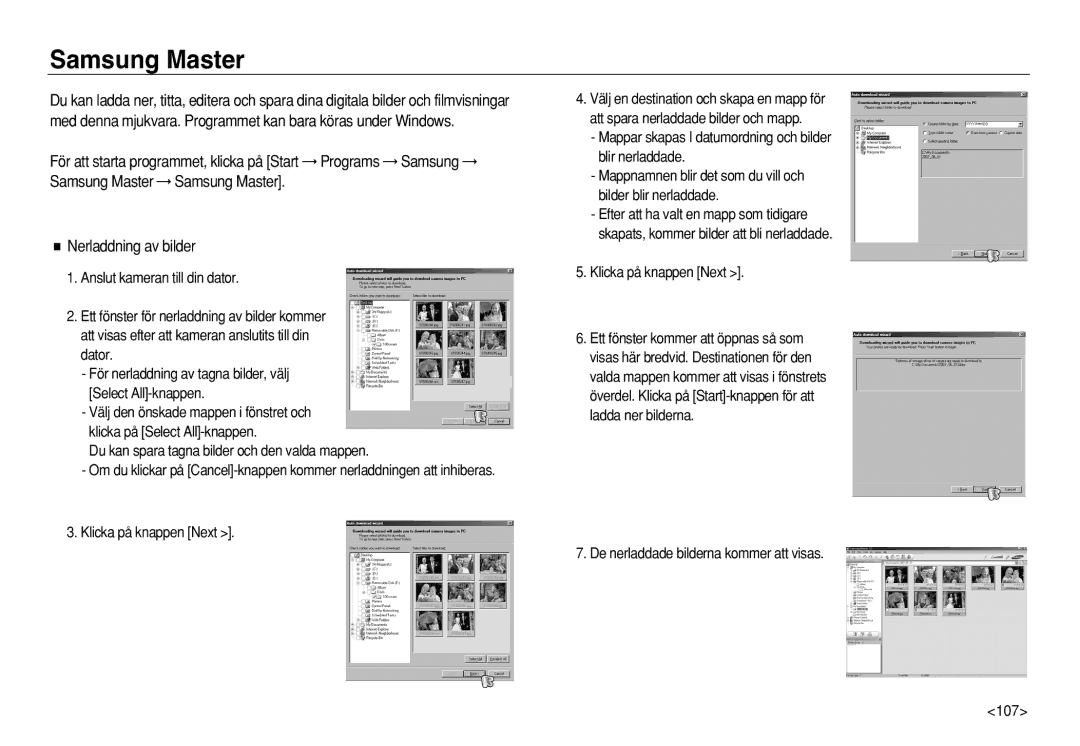 Samsung EC-L83ZZRDC/E2, EC-L83ZZSDA/E3, EC-L83ZZSBA/E2 manual Samsung Master, De nerladdade bilderna kommer att visas 107 