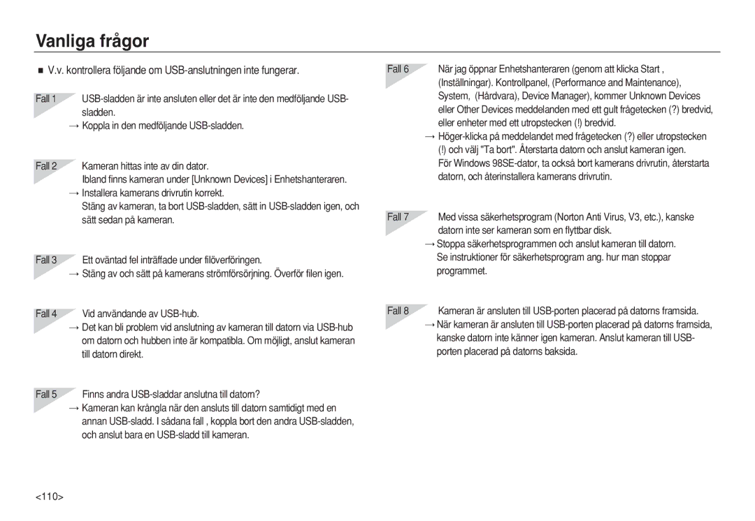 Samsung EC-L83ZZSBA/E2, EC-L83ZZSDA/E3 manual Vanliga frågor, Kontrollera följande om USB-anslutningen inte fungerar 