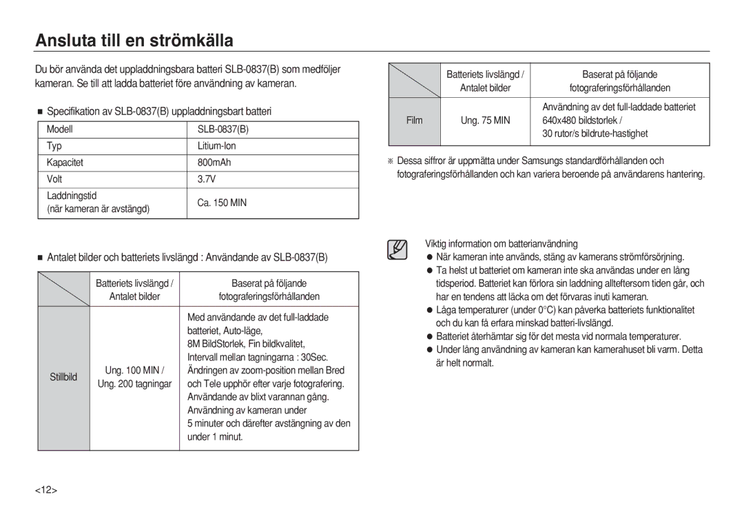 Samsung EC-L83ZZSDA/E2, EC-L83ZZSDA/E3 Ansluta till en strömkälla, Specifikation av SLB-0837B uppladdningsbart batteri 