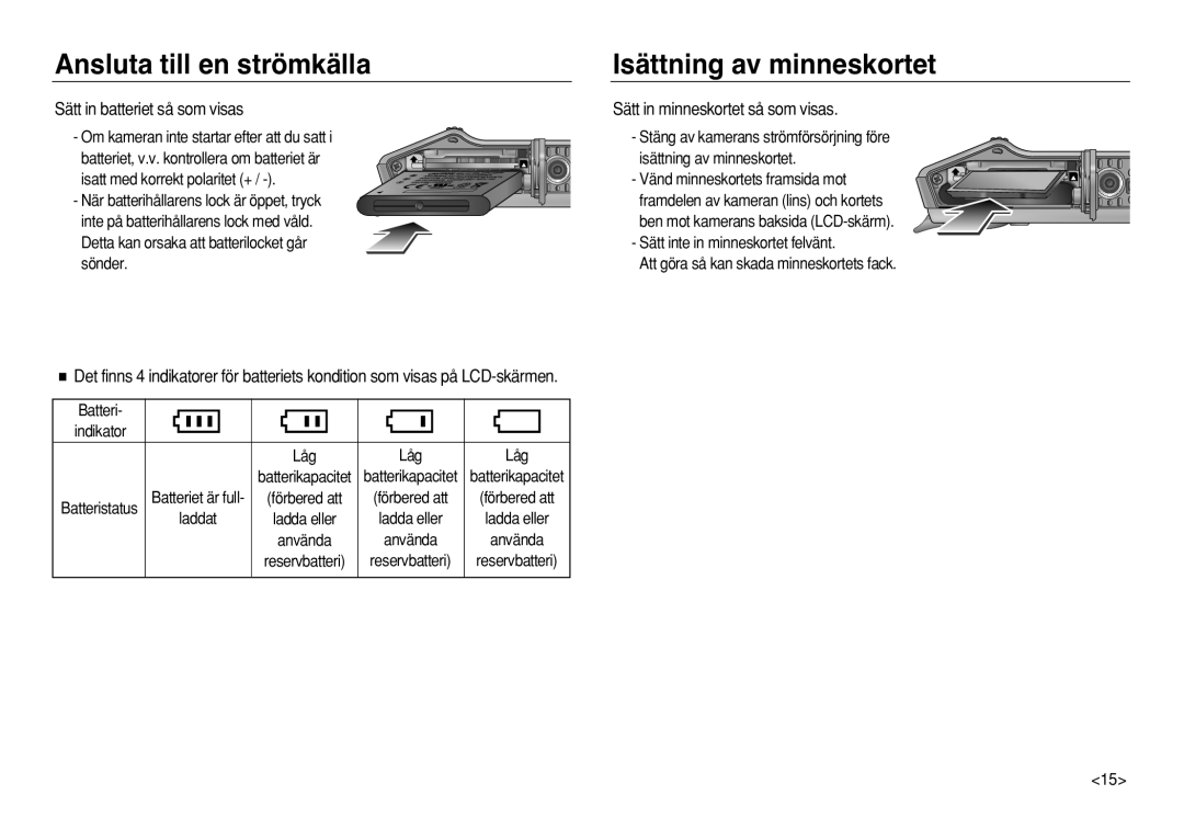 Samsung EC-L83ZZBDA/E2 manual Isättning av minneskortet, Sätt in batteriet så som visas, Sätt in minneskortet så som visas 