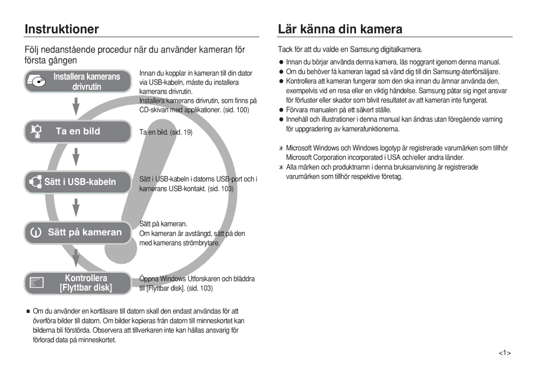 Samsung EC-L83ZZRDA/E2, EC-L83ZZSDA/E3 Instruktioner, Lär känna din kamera, Tack för att du valde en Samsung digitalkamera 