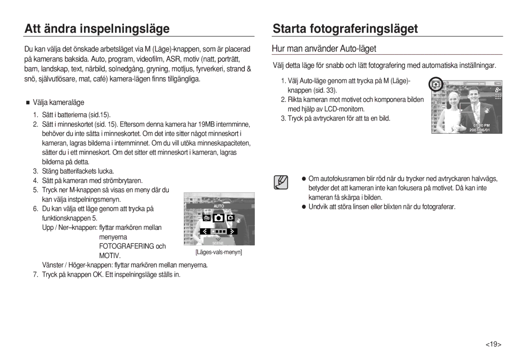 Samsung EC-L83ZZSDA/E3 manual Att ändra inspelningsläge, Starta fotograferingsläget, Hur man använder Auto-läget, Motiv 