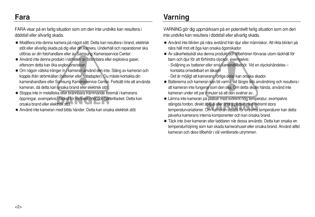 Samsung EC-L83ZZSDA/E2, EC-L83ZZSDA/E3, EC-L83ZZSBA/E2, EC-L83ZZRDA/E2, EC-L83ZZRBA/E2, EC-L83ZZBDA/E3 manual Fara, Varning 