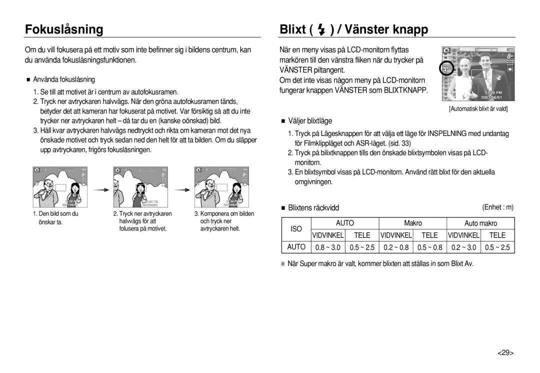 Samsung EC-L83ZZSDA/E3, EC-L83ZZSBA/E2 manual Fokuslåsning, Blixt / Vänster knapp, Väljer blixtläge, ISO Auto, Tele 