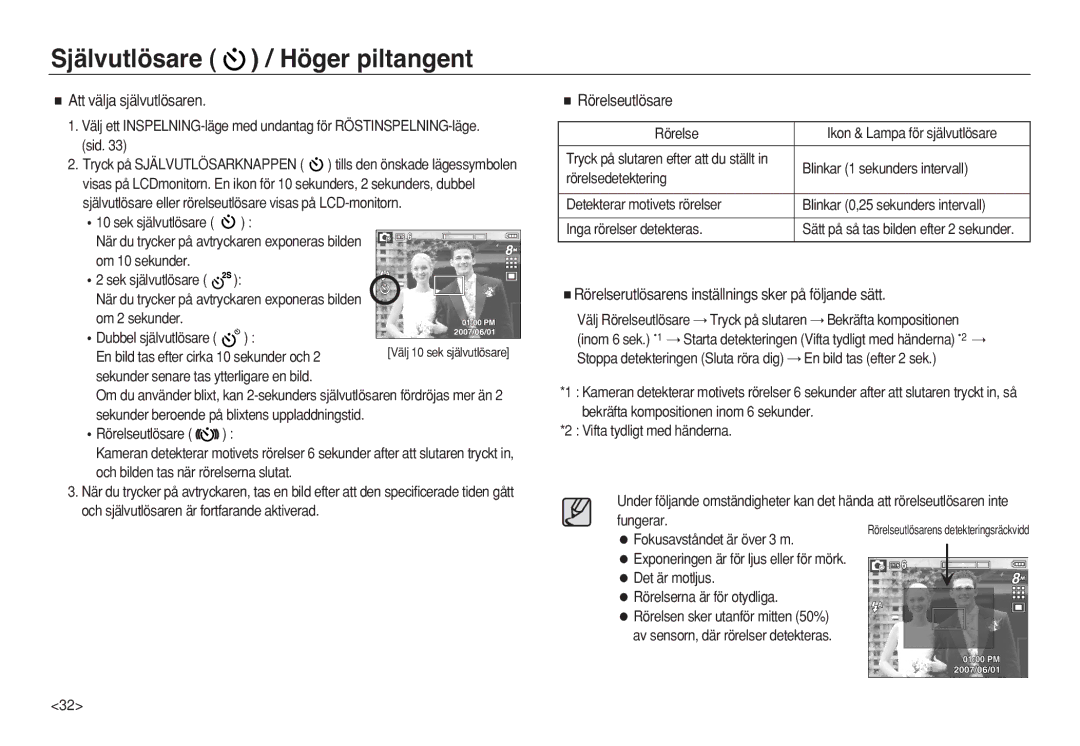 Samsung EC-L83ZZSDA/E2 Att välja självutlösaren, Rörelseutlösare, Rörelserutlösarens inställnings sker på följande sätt 