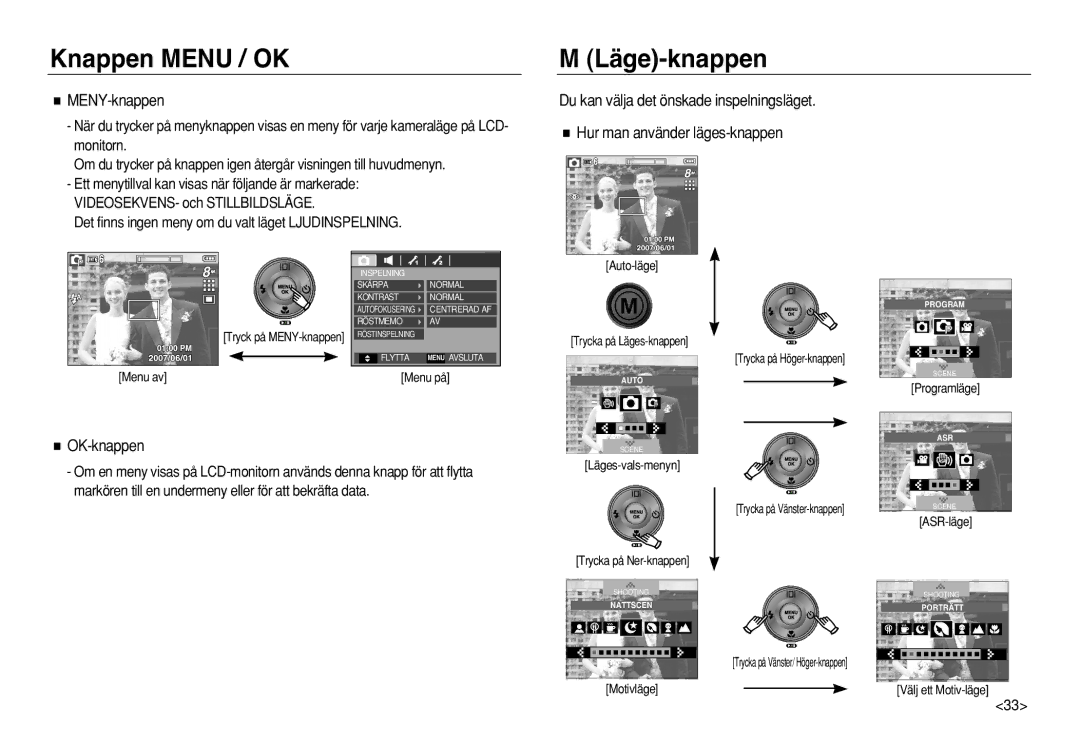 Samsung EC-L83ZZRBA/E2, EC-L83ZZSDA/E3, EC-L83ZZSBA/E2 manual Knappen Menu / OK, Läge-knappen, MENY-knappen, OK-knappen 