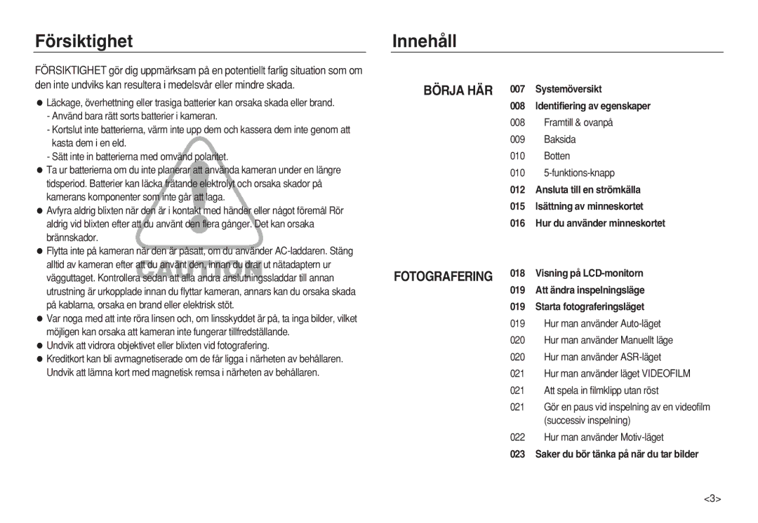 Samsung EC-L83ZZRBA/E2, EC-L83ZZSDA/E3 manual Försiktighet, Innehåll, Framtill & ovanpå Baksida Botten 010 5-funktions-knapp 