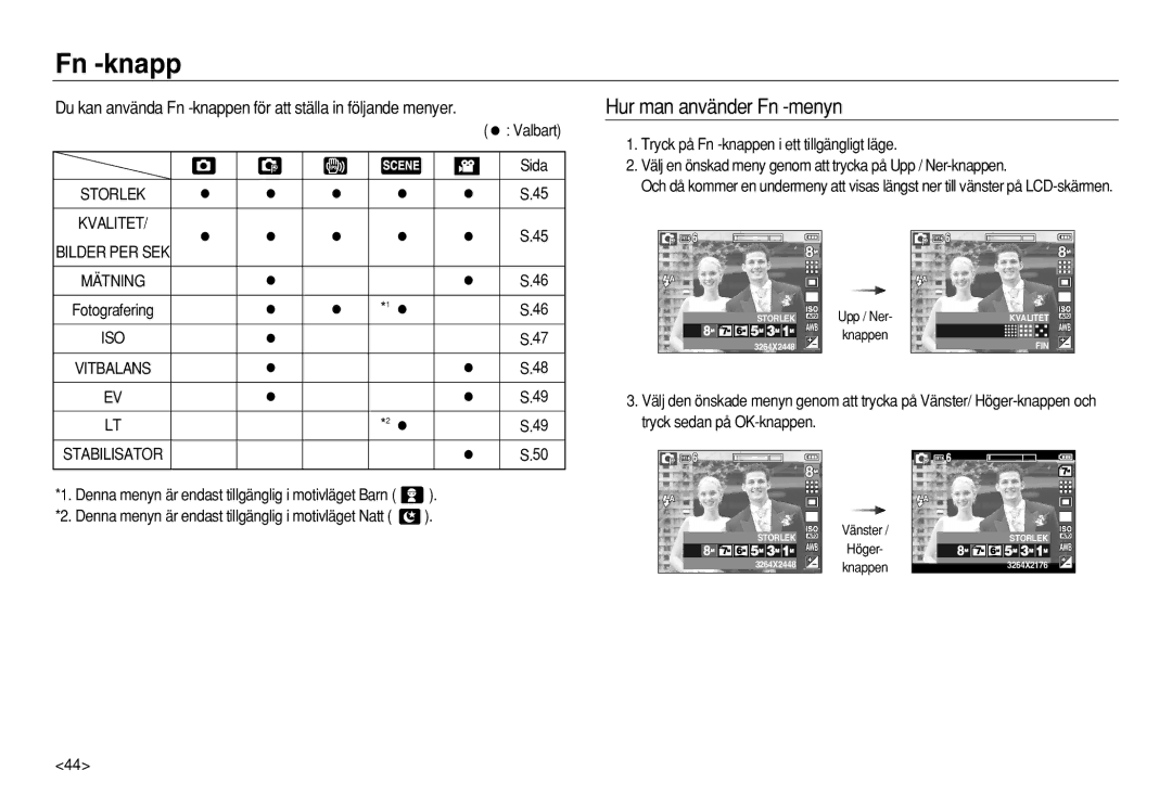 Samsung EC-L83ZZBDA/E3, EC-L83ZZSDA/E3, EC-L83ZZSBA/E2, EC-L83ZZRDA/E2, EC-L83ZZSDA/E2 Fn -knapp, Hur man använder Fn -menyn 