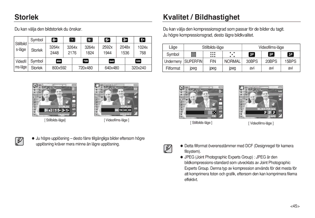 Samsung EC-L83ZZBDA/E2, EC-L83ZZSDA/E3 manual Storlek, Kvalitet / Bildhastighet, Du kan välja den bildstorlek du önskar 