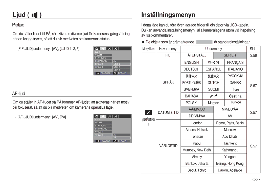 Samsung EC-L83ZZBDA/E2, EC-L83ZZSDA/E3, EC-L83ZZSBA/E2 manual Pipljud, AF-ljud, FIL Återställ Serier, Språk, Dd/Mm/Åå 