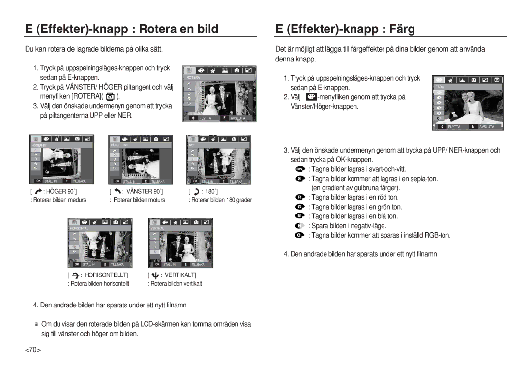 Samsung EC-L83ZZSBA/E2, EC-L83ZZSDA/E3 manual Effekter-knapp Rotera en bild, Du kan rotera de lagrade bilderna på olika sätt 