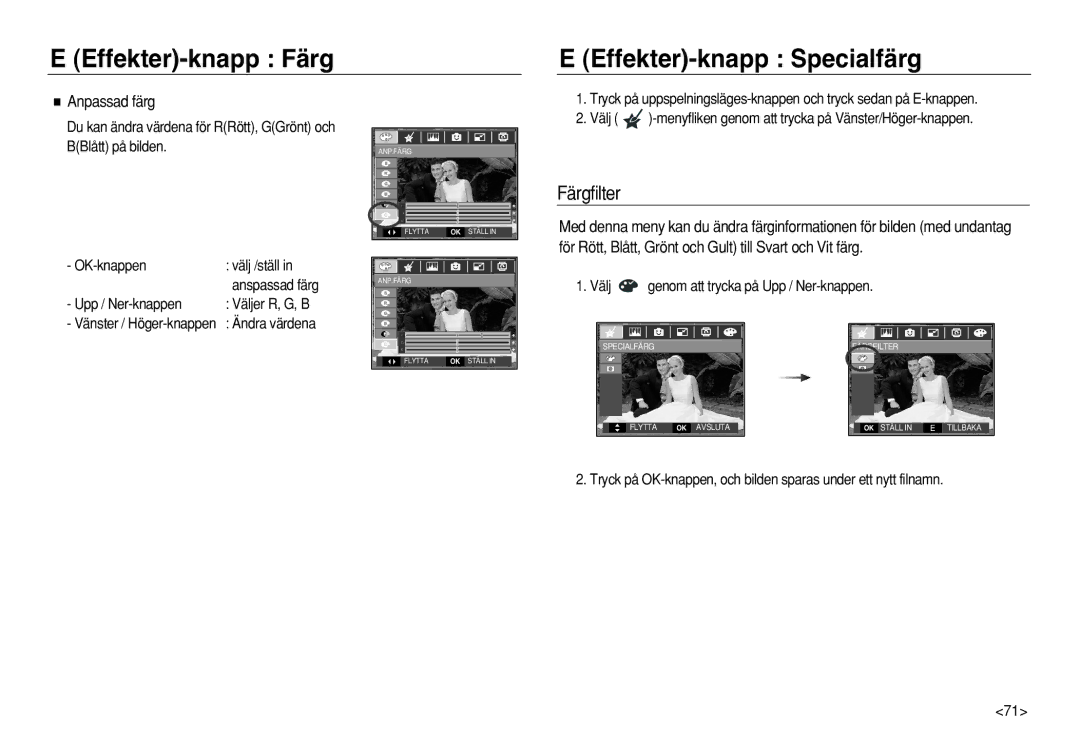 Samsung EC-L83ZZRDA/E2, EC-L83ZZSDA/E3 manual Effekter-knapp Färg Effekter-knapp Specialfärg, Färgfilter, Anpassad färg 