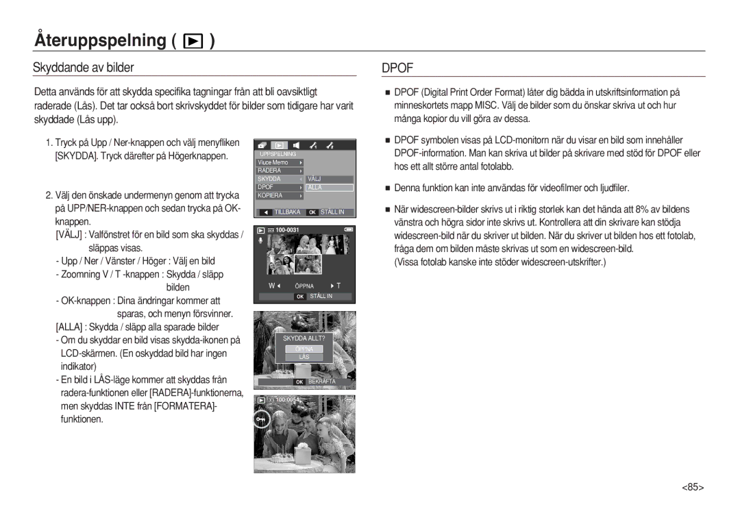 Samsung EC-L83ZZBDA/E2, EC-L83ZZSDA/E3, EC-L83ZZSBA/E2 manual Skyddande av bilder, OK-knappen Dina ändringar kommer att 