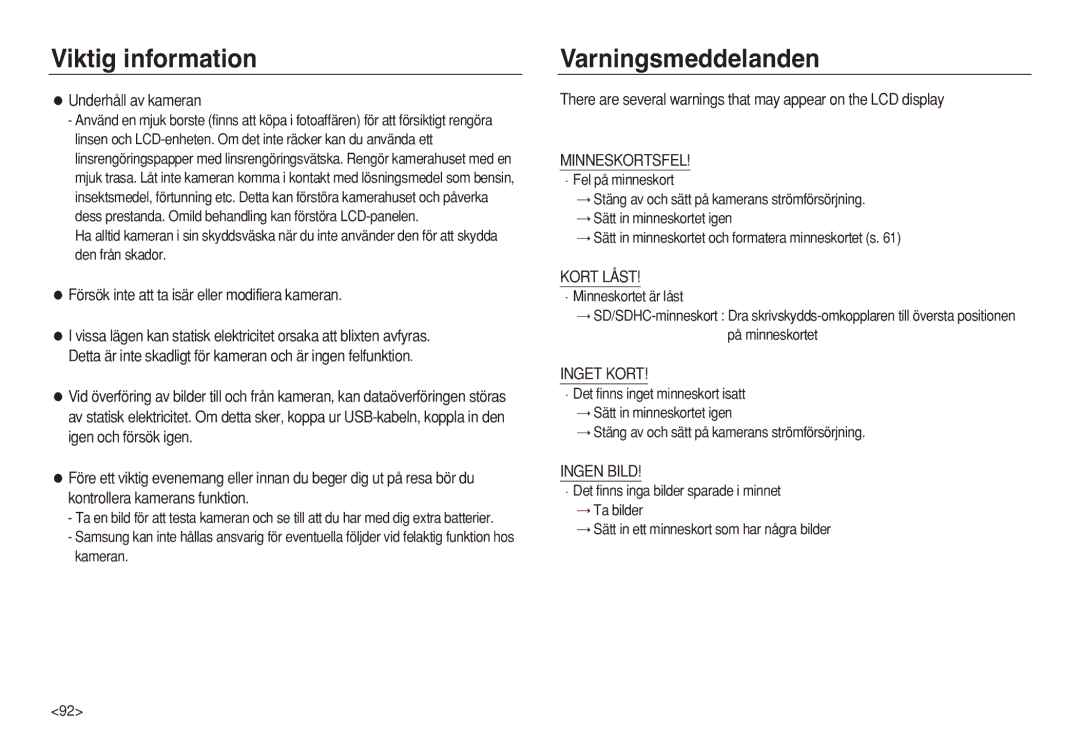 Samsung EC-L83ZZSDA/E2 manual Varningsmeddelanden, Underhåll av kameran, Försök inte att ta isär eller modifiera kameran 