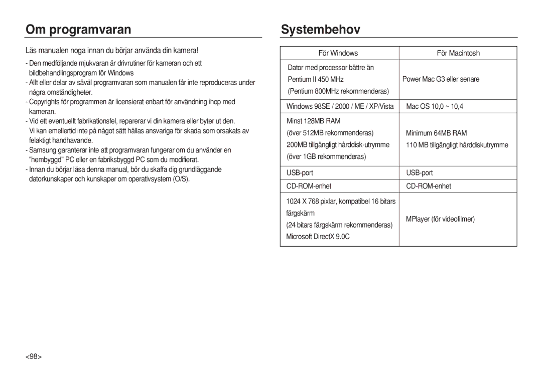 Samsung EC-L83ZZRBC/E2, EC-L83ZZSDA/E3 Om programvaran, Systembehov, Läs manualen noga innan du börjar använda din kamera 