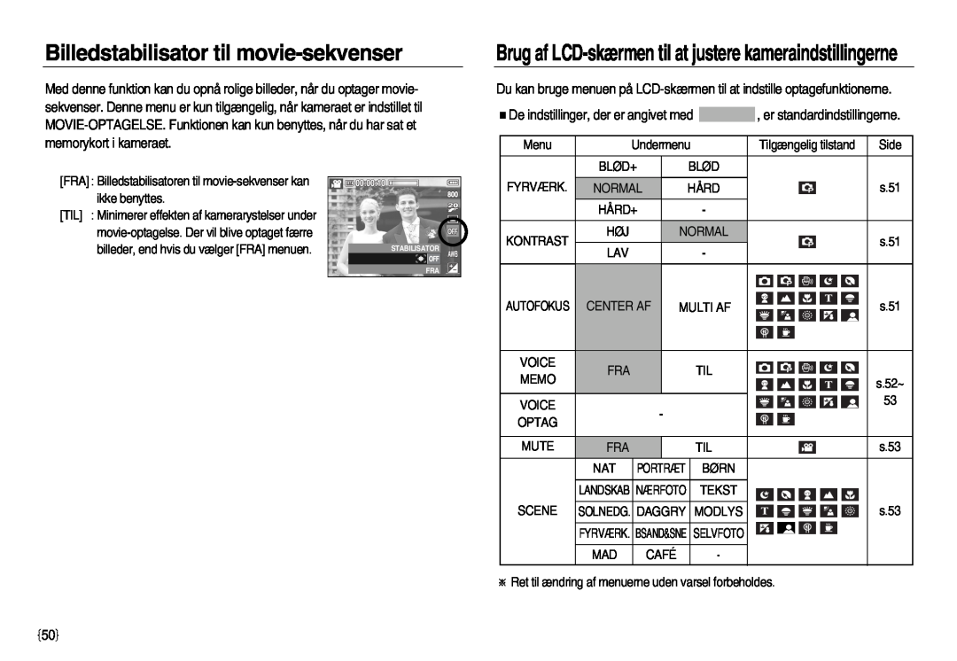 Samsung EC-L83ZZSBA/E2 Billedstabilisator til movie-sekvenser, Brug af LCD-skærmen til at justere kameraindstillingerne 