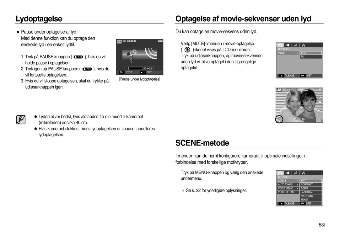 Samsung EC-L83ZZRBA/E2 manual Optagelse af movie-sekvenser uden lyd, SCENE-metode, Pause under optagelse af lyd, undermenu 