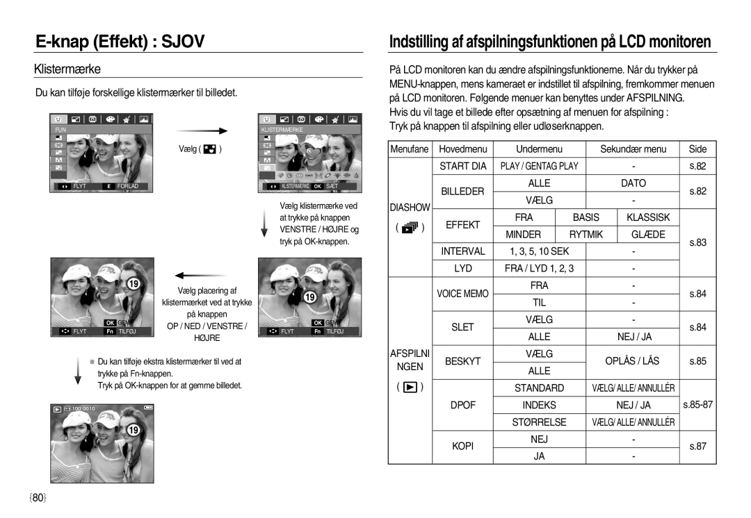 Samsung EC-L83ZZSBA/E2 manual Klistermærke, Du kan tilføje forskellige klistermærker til billedet, E-knap Effekt SJOV 