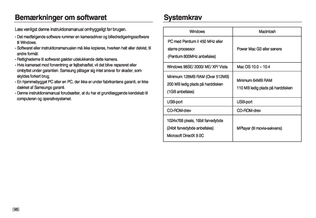 Samsung EC-L83ZZRBC/E2 Bemærkninger om softwaret, Systemkrav, Læs venligst denne instruktionsmanual omhyggeligt før brugen 