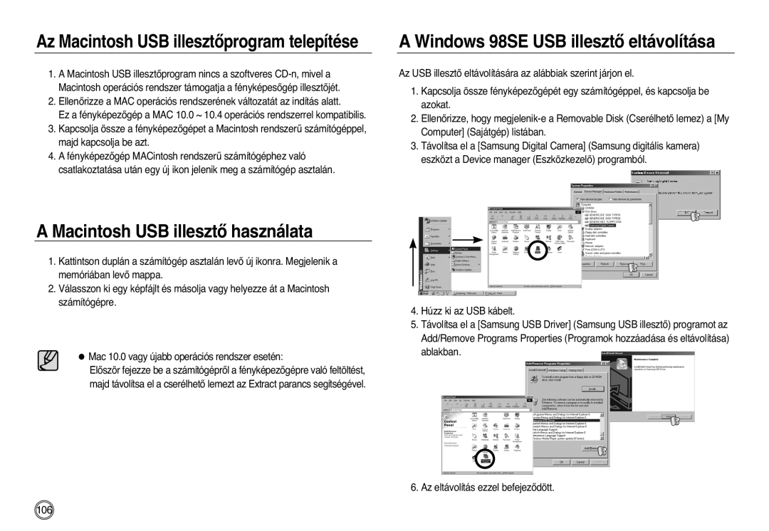 Samsung EC-L83ZZSBB/E1, EC-L83ZZSDA/E3 Az Macintosh USB illesztŒprogram telepítése, Windows 98SE USB illesztŒ eltávolítása 