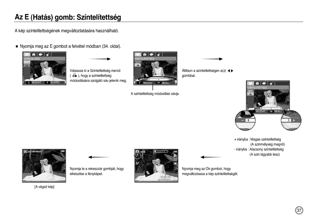 Samsung EC-L83ZZRBA/E1, EC-L83ZZSDA/E3, EC-L83ZZSBA/E2 Az E Hatás gomb Színtelítettség, Válassza ki a Színtelítettség menüt 