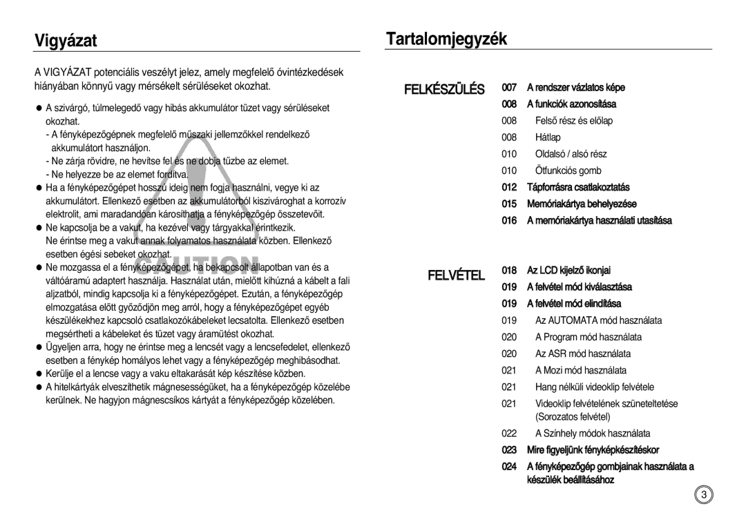 Samsung EC-L83ZZBDA/E3, EC-L83ZZSDA/E3, EC-L83ZZSBA/E2, EC-L83ZZSBB/E1, EC-L83ZZRBA/E1 manual Vigyázat, Tartalomjegyzék 