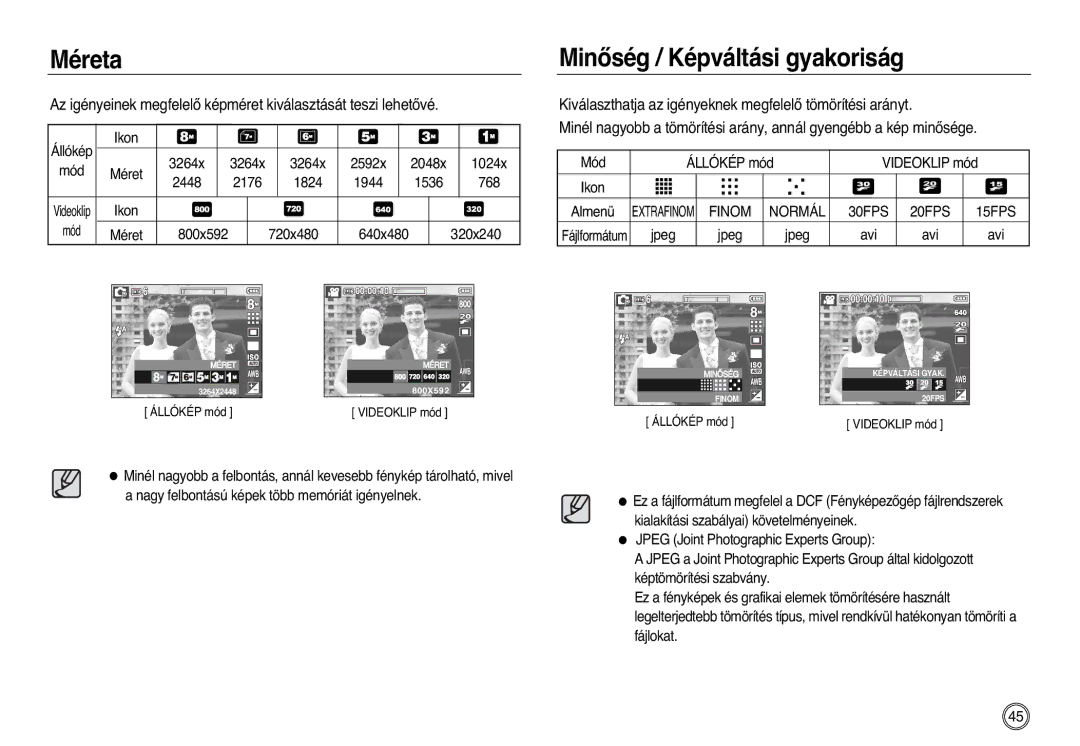 Samsung EC-L83ZZBDA/E3, EC-L83ZZSDA/E3, EC-L83ZZSBA/E2, EC-L83ZZSBB/E1 manual Méreta, MinŒség / Képváltási gyakoriság 