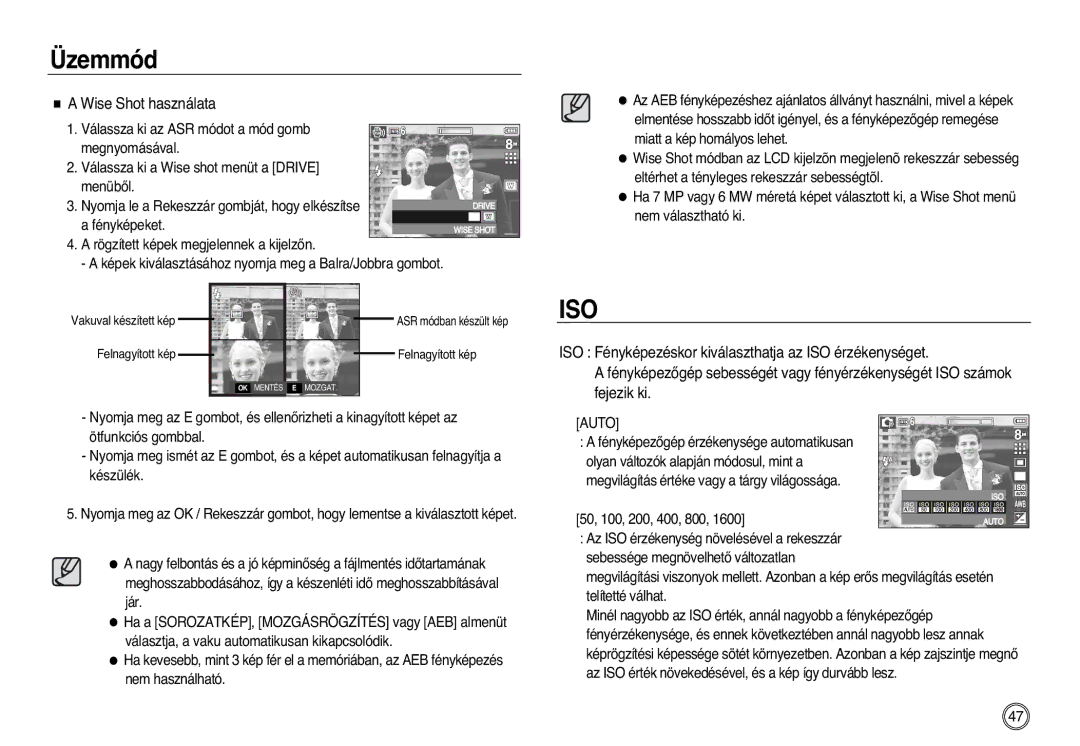 Samsung EC-L83ZZBBA/E2, EC-L83ZZSDA/E3, EC-L83ZZSBA/E2, EC-L83ZZSBB/E1 manual Wise Shot használata, Fényképeket, Auto 