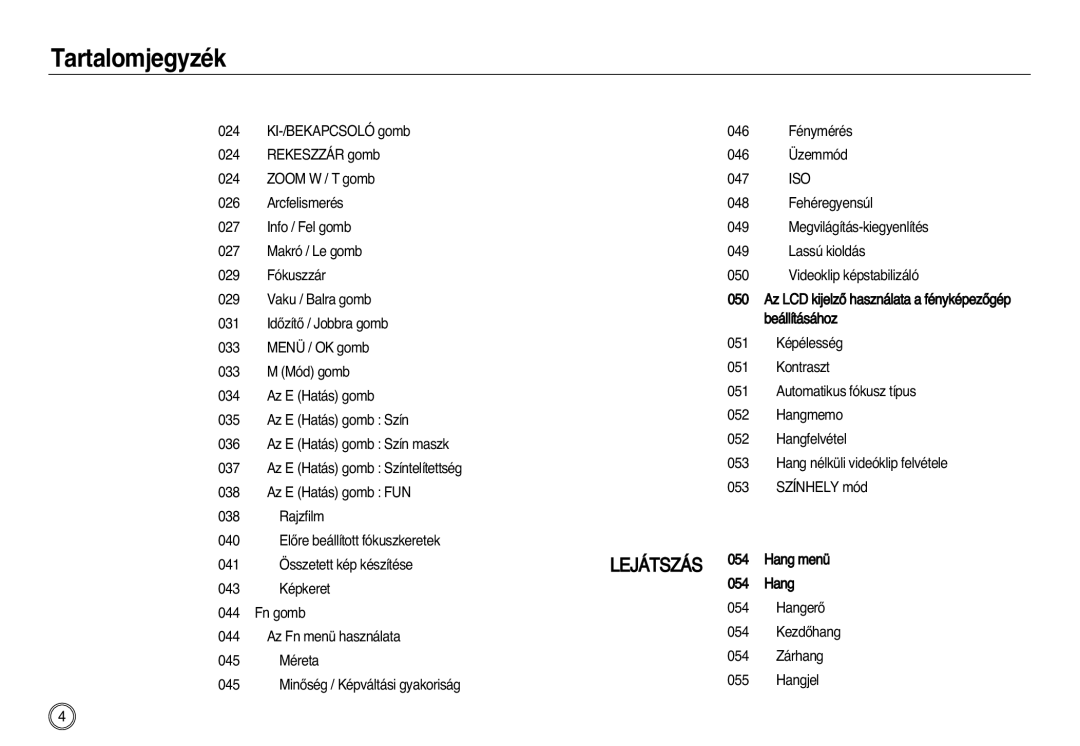 Samsung EC-L83ZZBBB/E1, EC-L83ZZSDA/E3, EC-L83ZZSBA/E2, EC-L83ZZSBB/E1 manual Hang menü, Hang HangerŒ, 054 Zárhang 055 Hangjel 