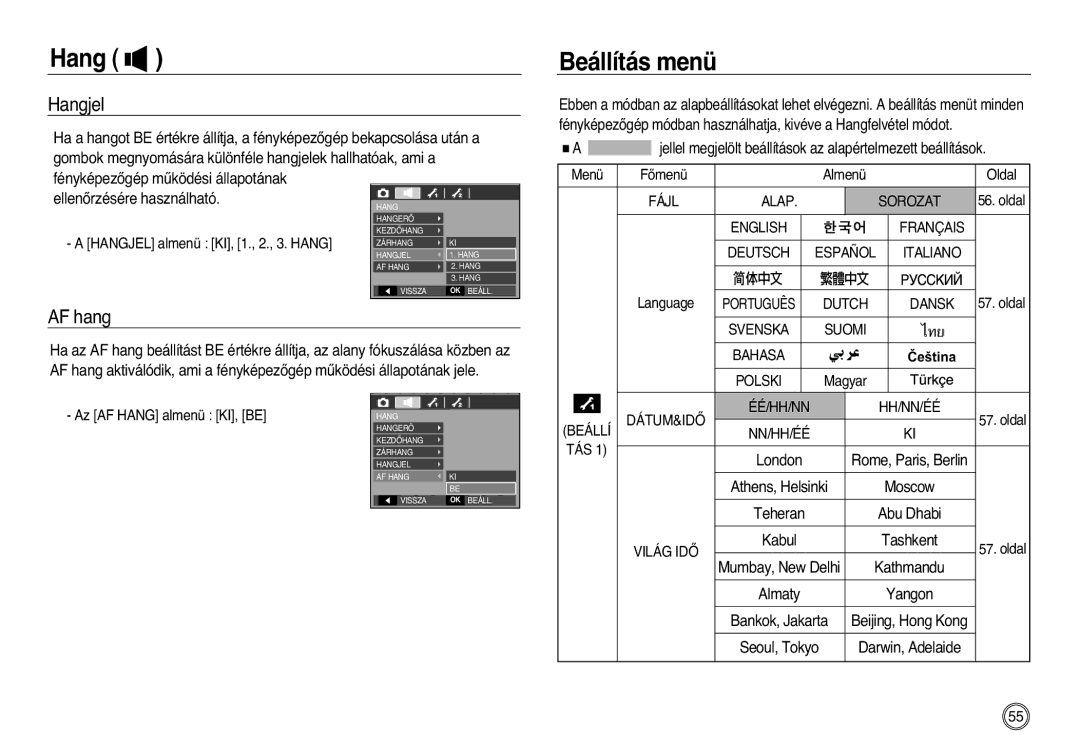 Samsung EC-L83ZZSDA/E3, EC-L83ZZSBA/E2, EC-L83ZZSBB/E1, EC-L83ZZRBA/E1 manual Beállítás menü, Hangjel, AF hang, Teheran 