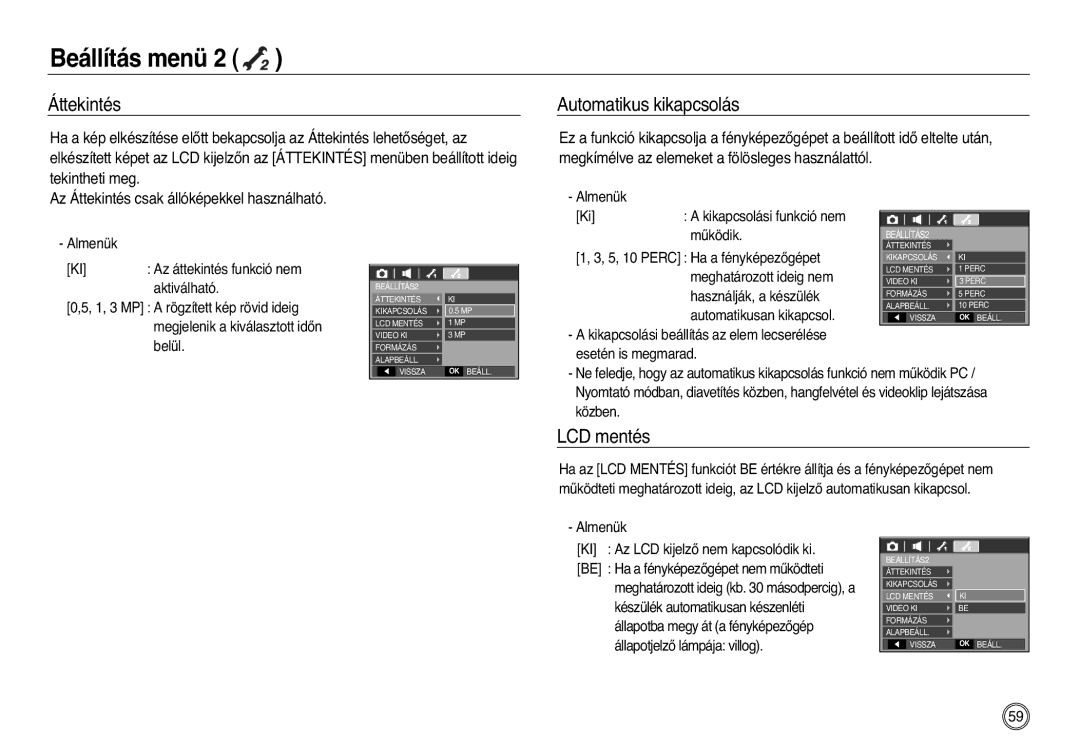 Samsung EC-L83ZZBDA/E3, EC-L83ZZSDA/E3, EC-L83ZZSBA/E2, EC-L83ZZSBB/E1 manual Áttekintés, Automatikus kikapcsolás, LCD mentés 