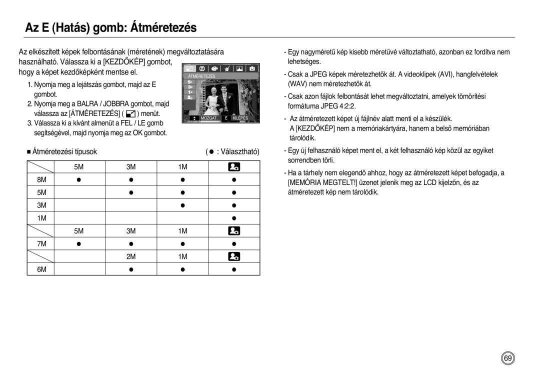 Samsung EC-L83ZZSDA/E3, EC-L83ZZSBA/E2, EC-L83ZZSBB/E1 manual Az E Hatás gomb Átméretezés, Átméretezési típusok Választható 