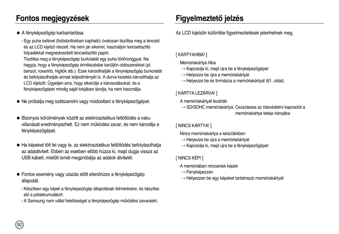 Samsung EC-L83ZZSBB/E1, EC-L83ZZSDA/E3, EC-L83ZZSBA/E2 manual FigyelmeztetŒ jelzés, FényképezŒgép karbantartása, Kártyahiba 