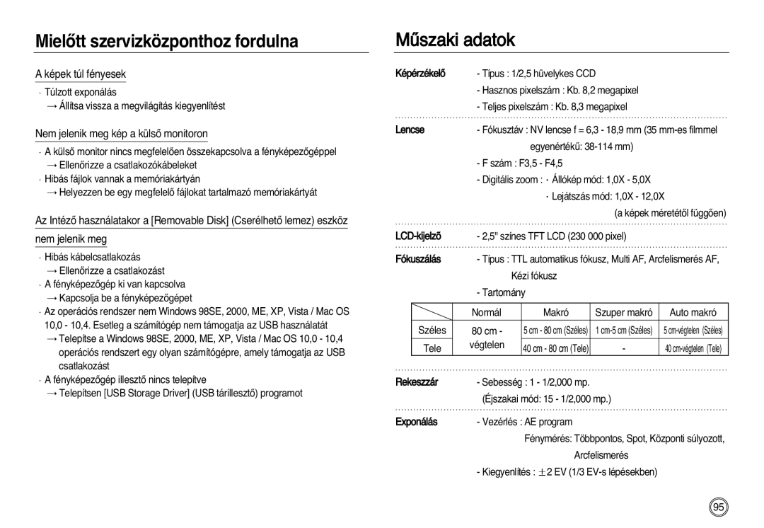 Samsung EC-L83ZZBBB/E1 manual MielŒtt szervizközponthoz fordulna, Képek túl fényesek, Nem jelenik meg kép a külsŒ monitoron 