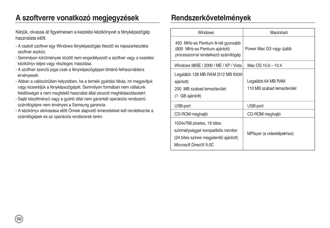 Samsung EC-L83ZZSBA/E2, EC-L83ZZSDA/E3, EC-L83ZZSBB/E1 manual Szoftverre vonatkozó megjegyzések, Rendszerkövetelmények 