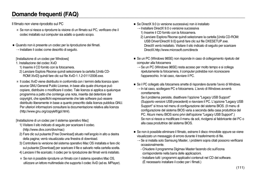 Samsung EC-L83ZZSDA/E3, EC-L83ZZSBB/E1, EC-L83ZZRBA/E1, EC-L83ZZBDA/E3 manual Il filmato non viene riprodotto sul PC, 111 