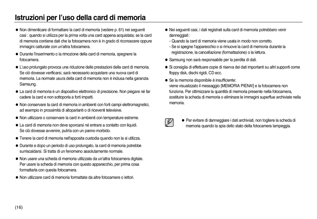 Samsung EC-L83ZZSBB/E1, EC-L83ZZSDA/E3, EC-L83ZZRBA/E1, EC-L83ZZBDA/E3 manual Istruzioni per l’uso della card di memoria 