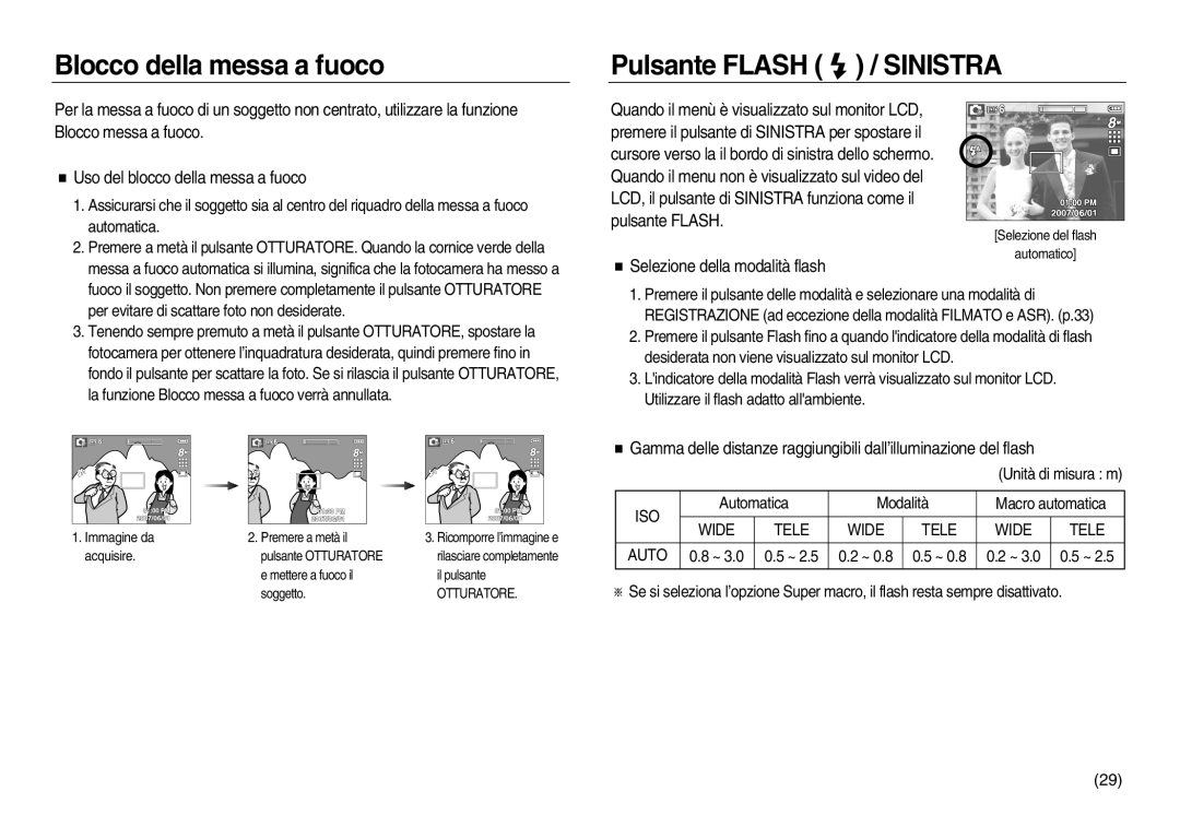 Samsung EC-L83ZZRBA/IT manual Blocco della messa a fuoco, Pulsante Flash / Sinistra, Selezione della modalità flash 