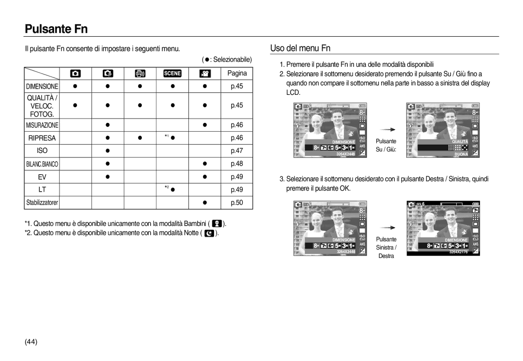 Samsung EC-L83ZZSBA/IT Pulsante Fn, Uso del menu Fn, Il pulsante Fn consente di impostare i seguenti menu, Ripresa ISO 