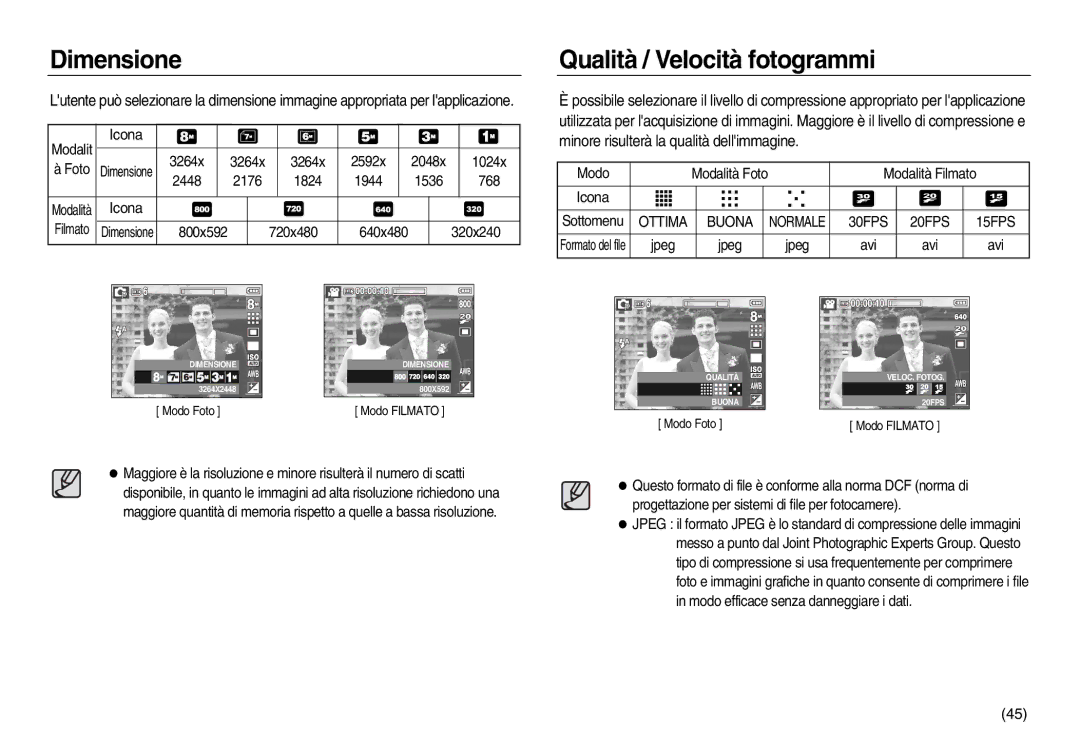 Samsung EC-L83ZZRBA/IT, EC-L83ZZSDA/E3, EC-L83ZZSBB/E1 manual Dimensione, Qualità / Velocità fotogrammi, Ottima Buona 