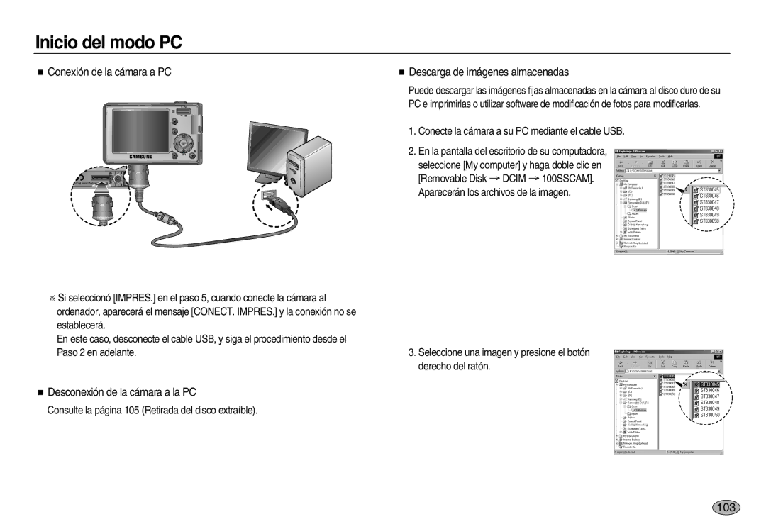 Samsung EC-L83ZZSDA/E3 Conexión de la cámara a PC, Desconexión de la cámara a la PC, Descarga de imágenes almacenadas 