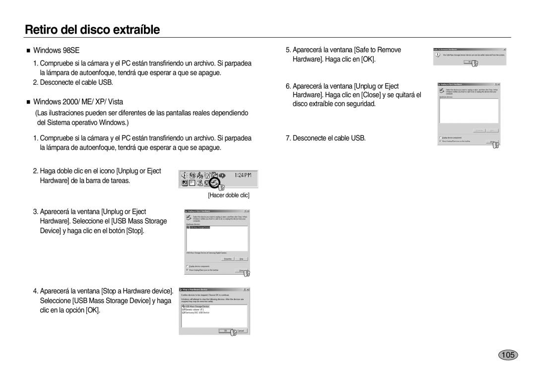 Samsung EC-L83ZZRBA/E1, EC-L83ZZSDA/E3 manual Retiro del disco extraíble, Windows 98SE, Windows 2000/ ME/ XP/ Vista 