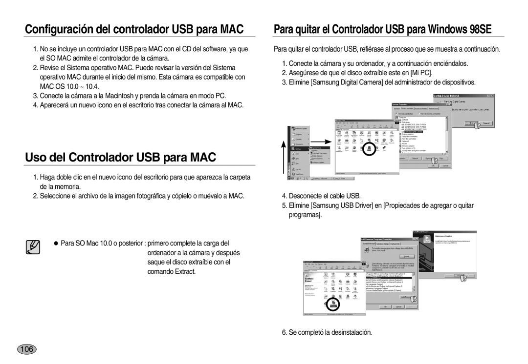 Samsung EC-L83ZZBDA/E3, EC-L83ZZSDA/E3 manual Uso del Controlador USB para MAC, Configuración del controlador USB para MAC 