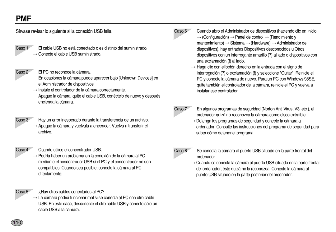 Samsung EC-L83ZZSBA/GB, EC-L83ZZSDA/E3, EC-L83ZZSBB/E1 manual Pmf, Sírvase revisar lo siguiente si la conexión USB falla 