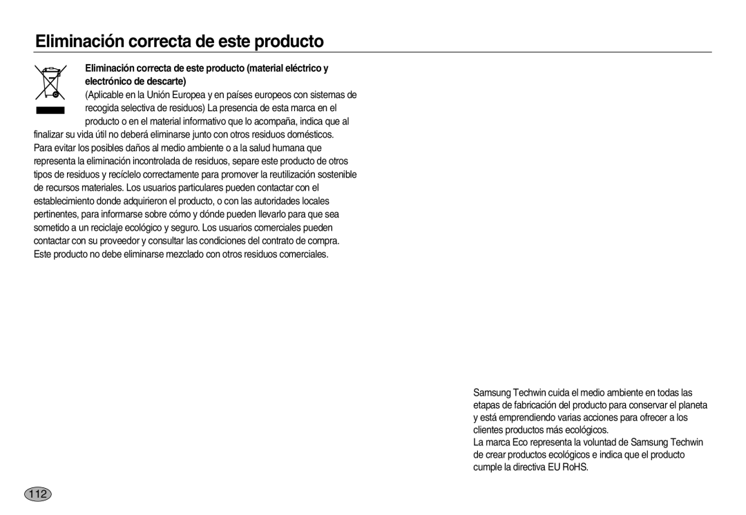 Samsung EC-L83ZZSBA/AS, EC-L83ZZSDA/E3, EC-L83ZZSBB/E1, EC-L83ZZRBA/E1 manual Eliminación correcta de este producto, 112 